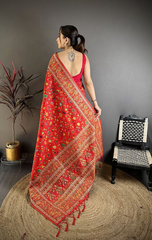 Elora Red Pashmina Silk Meenakari Weaving Madhubani Design Kashmiri Saree | Grocsy