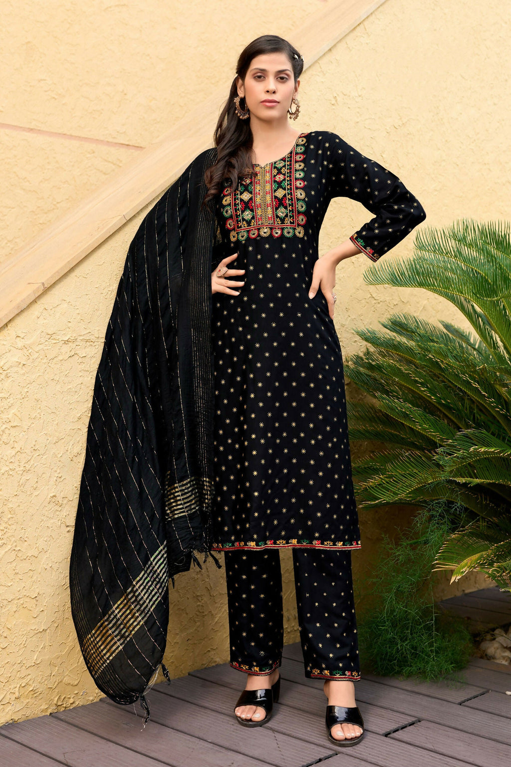 Jyoti Fashion Women's Black 14KG Rayon Foil Print with Embroidery Kurta Set | Grocsy