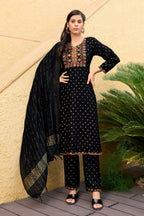 Jyoti Fashion Women's Black 14KG Rayon Foil Print with Embroidery Kurta Set | Grocsy
