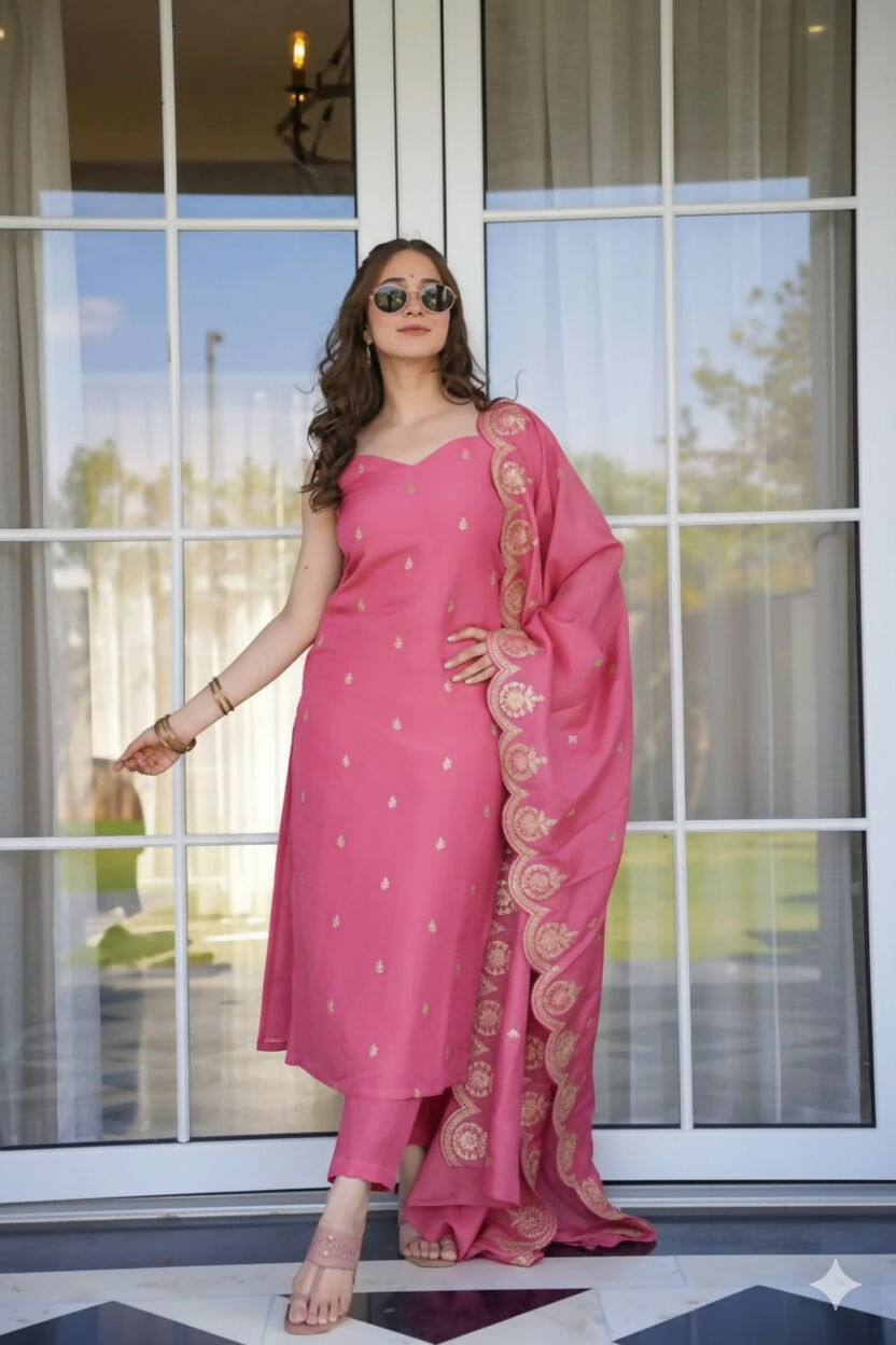 The52 Peach Women's Viscose Zari Chanderi Fabric Embroidered Work Straight Kurta, Pant and Dupatta Set | Grocsy