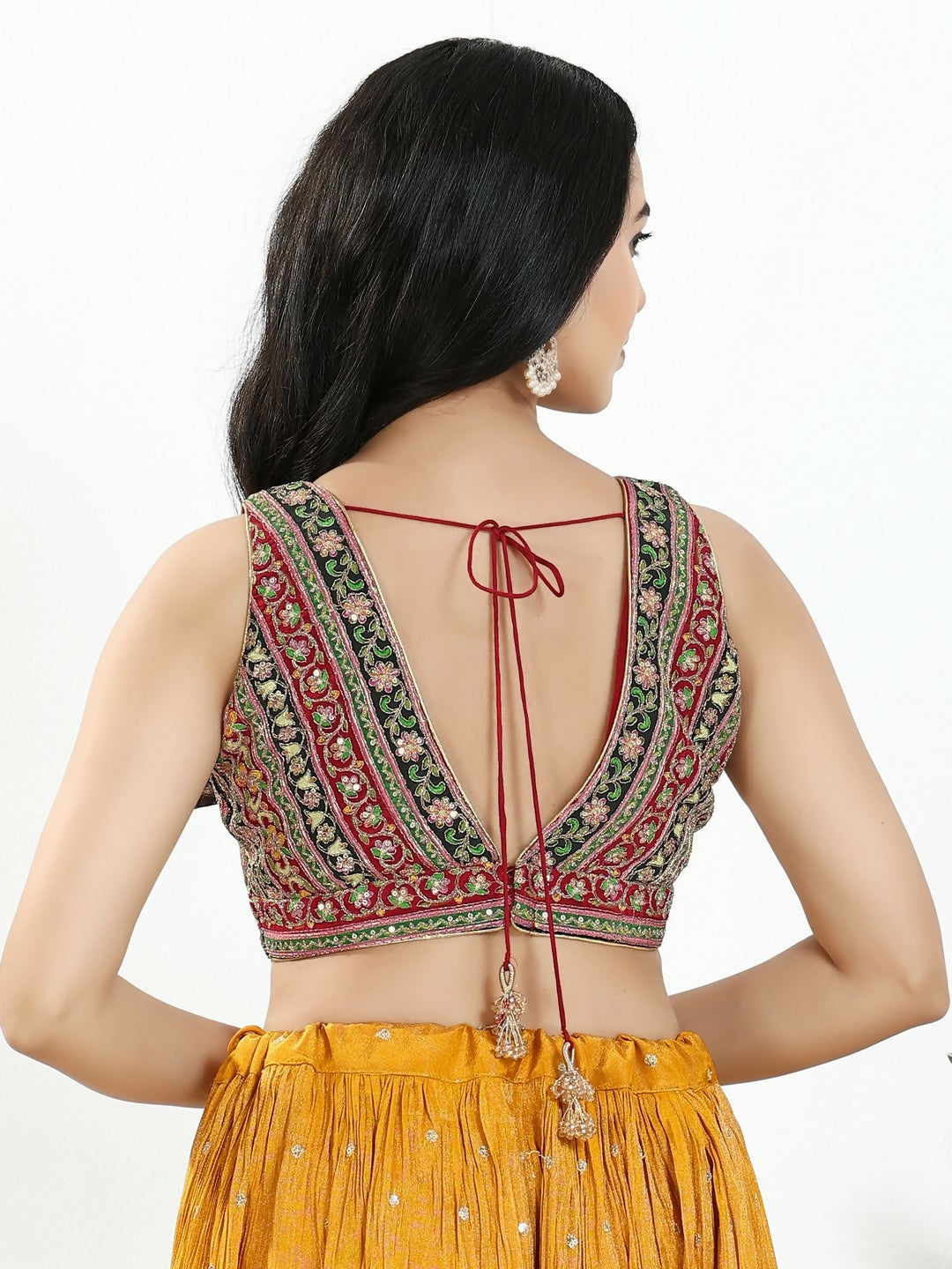 Joban Fashion Maroon Multi Georgette Padded Blouse With V Neck Sleeveless | Grocsy