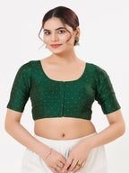 Joban Fashion Bottle-Green Taffeta Silk Elbow Sleeveless Front Open Blouse | Grocsy