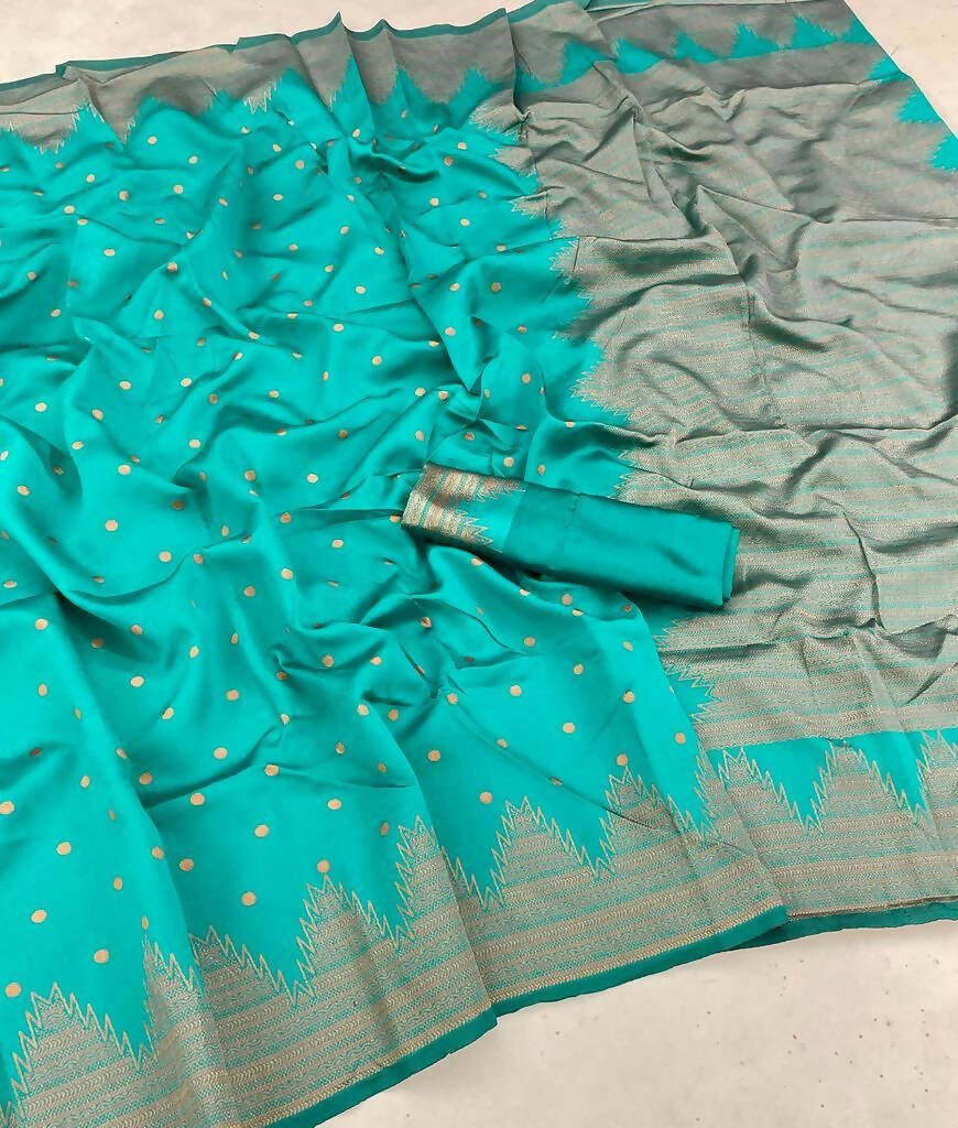 DEIANA'S Beautiful Designer Golden zari Soft Lichi Silk Saree - Sky | Grocsy