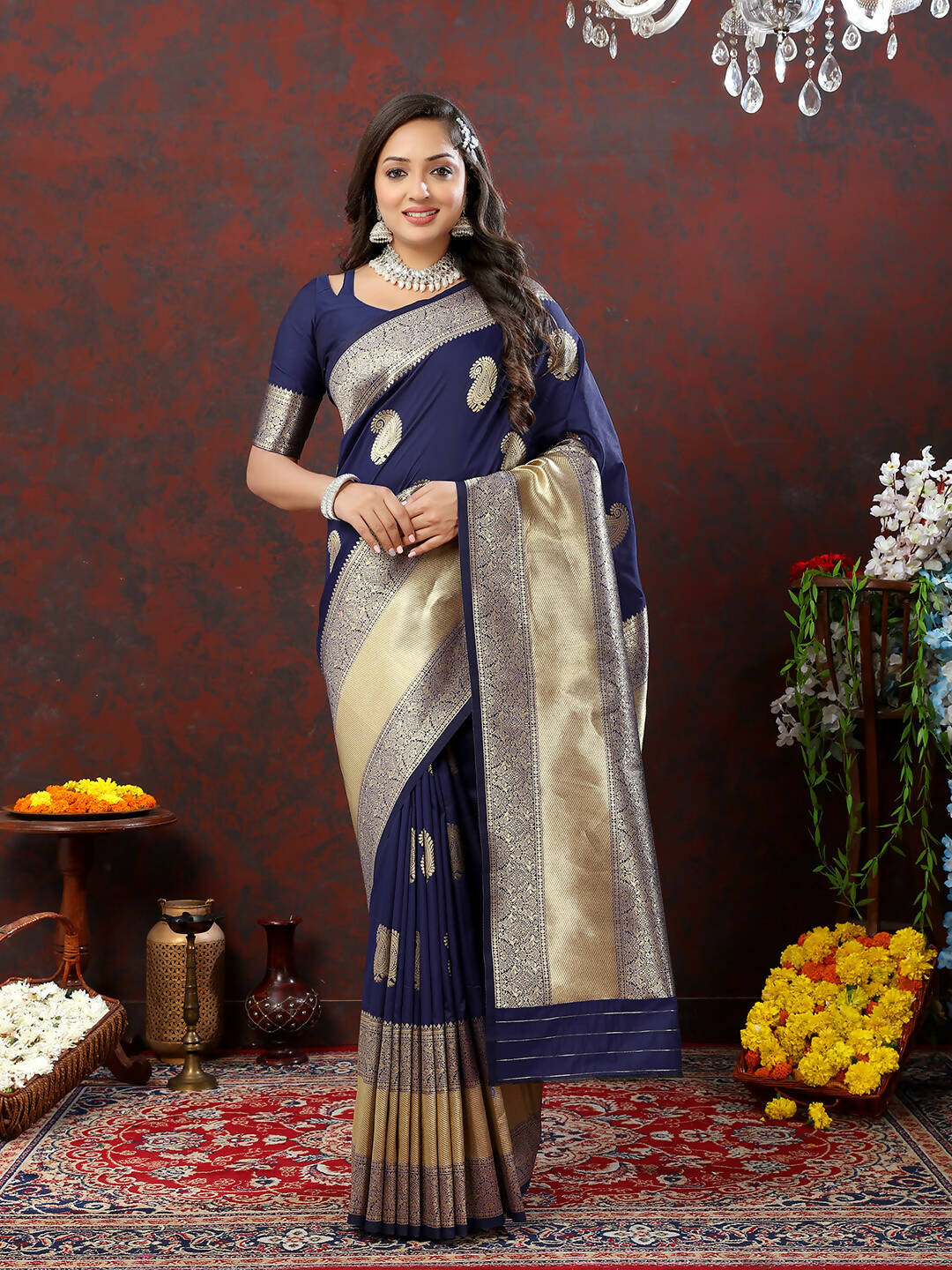 Lorenvalley Fashion Navyblue Soft Silk Woven Design Gold Zari Weaving Saree | Grocsy