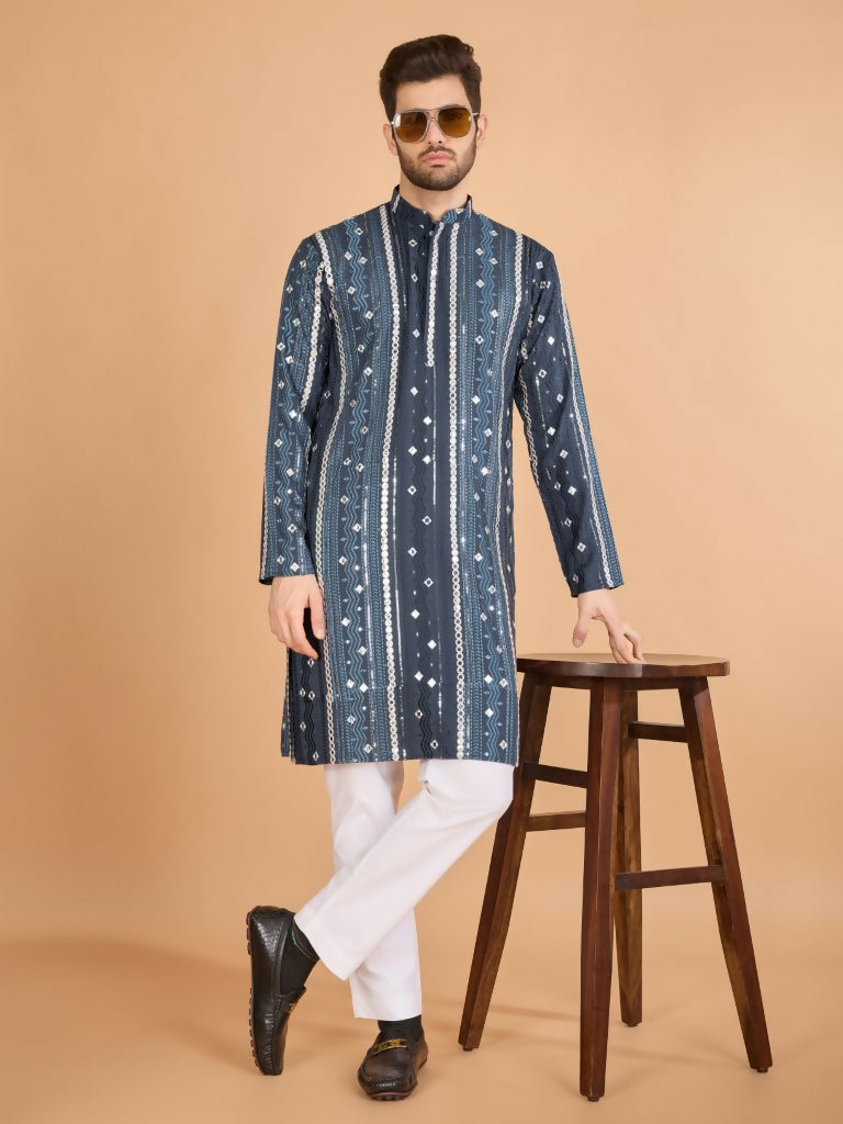 Vastranavya Grey Exclusive Festival Wear Pure Viscose Rayon Sequence & Foil Mirror Heavy Embroidered Work Kurta | Grocsy