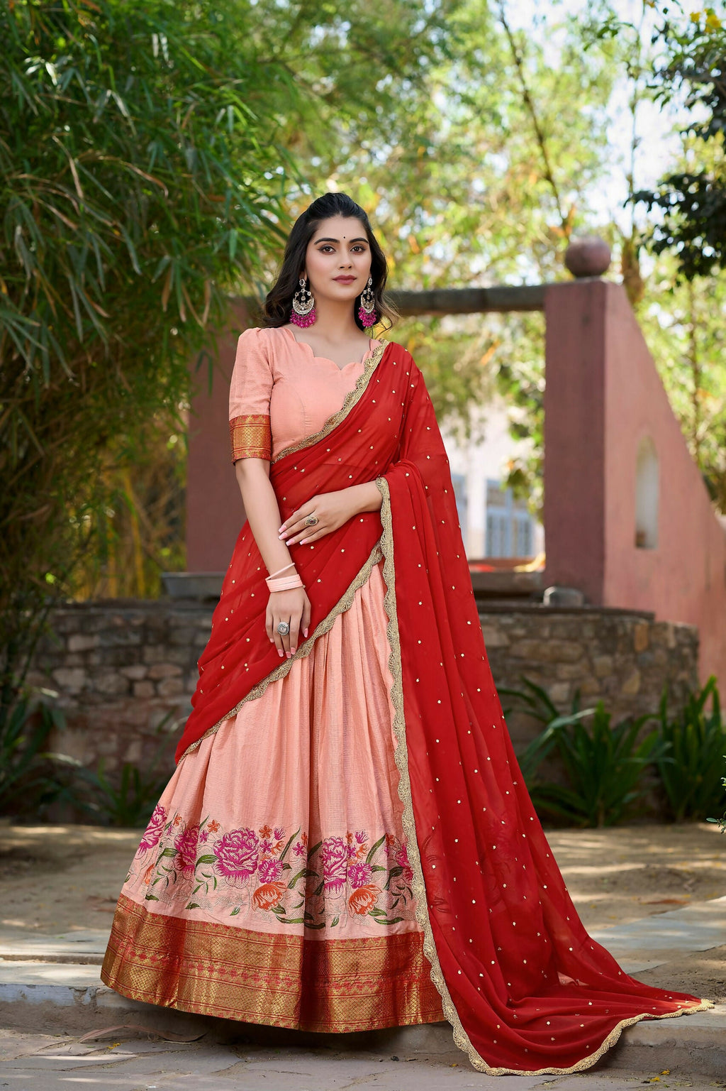 Vastranavya Stunning Cotton Silk Thread Embroidery Work Lehenga Choli - Peach | Grocsy