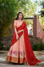Vastranavya Stunning Cotton Silk Thread Embroidery Work Lehenga Choli - Peach | Grocsy