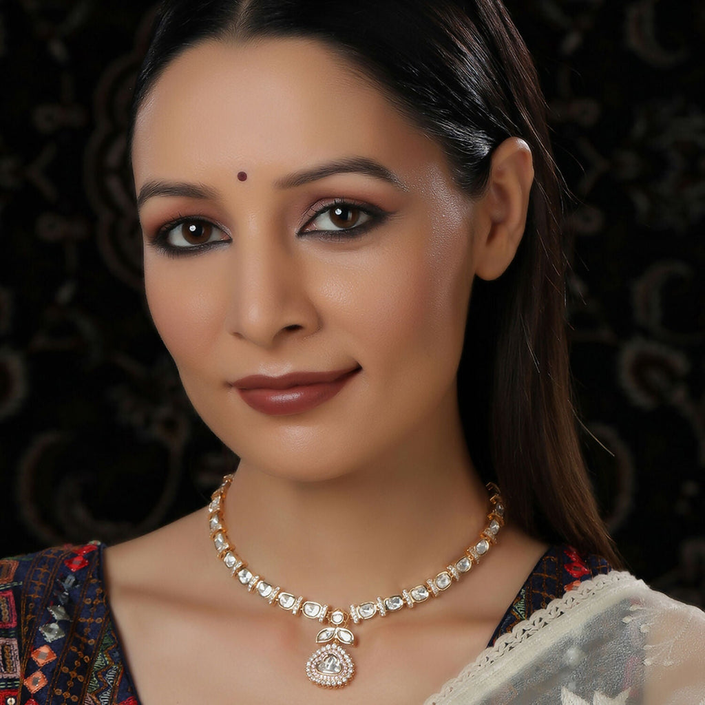Gold and American Diamond Neckpiece with Pink Stone Center Piece (Gold) - Ruby Raang | Grocsy