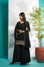 Aayaa Designer Faux Gorgette Embroidery Zari Sequins Thread work Full Flaired plazzo Suit with Dupatta - Black | Grocsy