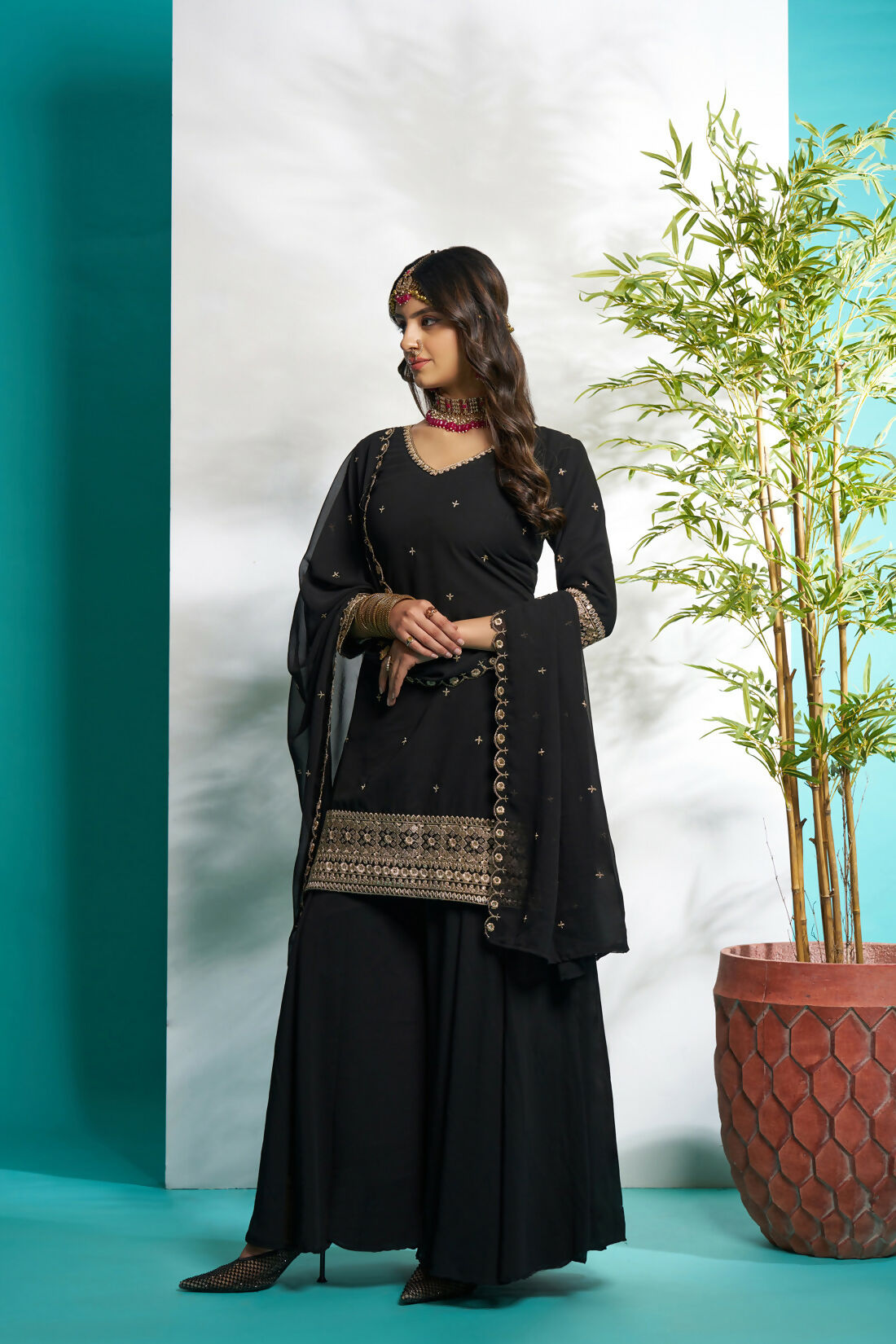 Aayaa Designer Faux Gorgette Embroidery Zari Sequins Thread work Full Flaired plazzo Suit with Dupatta - Black | Grocsy