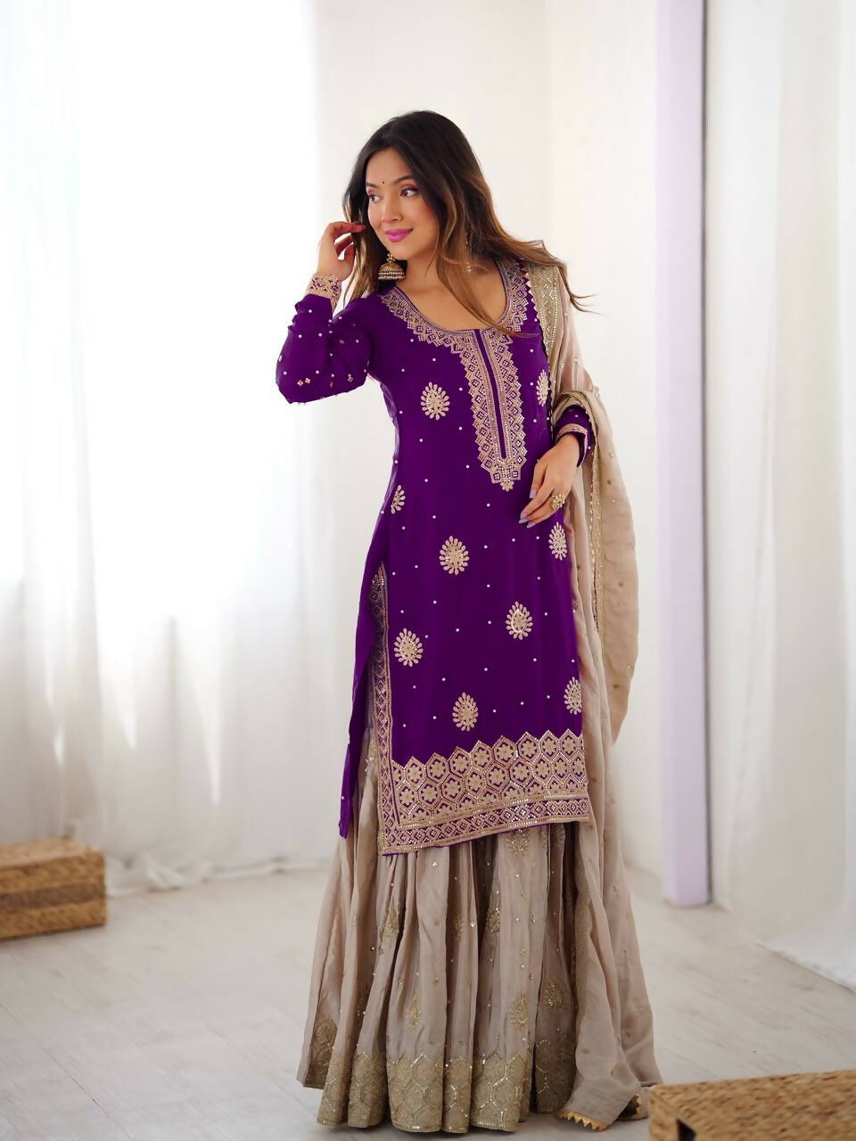 Lehenga Mart Designer Sharara Suit With Kurta, Sharara, Dupatta For Women-Purple | Grocsy