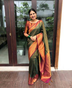 DEIANA'S Beautiful Designer Golden zari Soft Lichi Silk Saree - B Green | Grocsy