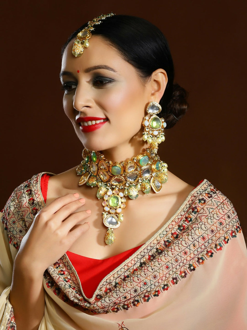 Green Maharani Kundan Neckpiece with Earrings and Maang Tikka- Ruby Raang | Grocsy