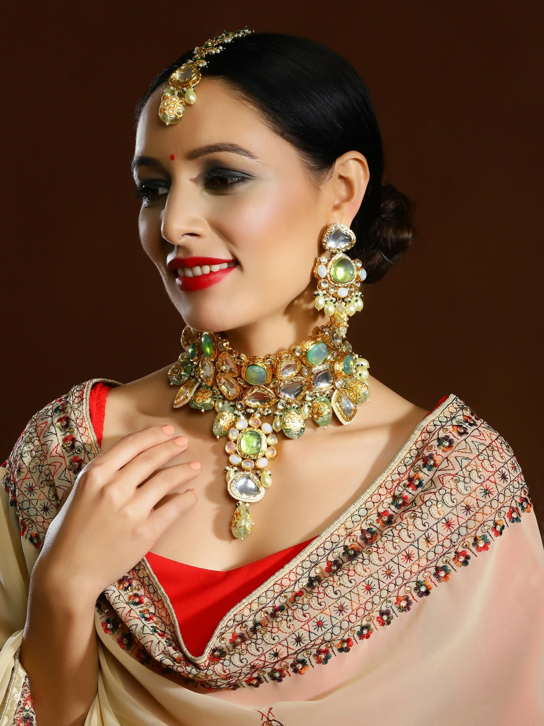 Green Maharani Kundan Neckpiece with Earrings and Maang Tikka- Ruby Raang | Grocsy