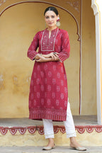 Juniper Women's Marron Cotton Cambric Floral Printed Straight Kurta | Grocsy