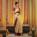 DEIANA'S Beautiful Designer Golden zari Soft Lichi Silk Saree - Cream | Grocsy