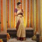 DEIANA'S Beautiful Designer Golden zari Soft Lichi Silk Saree - Cream | Grocsy