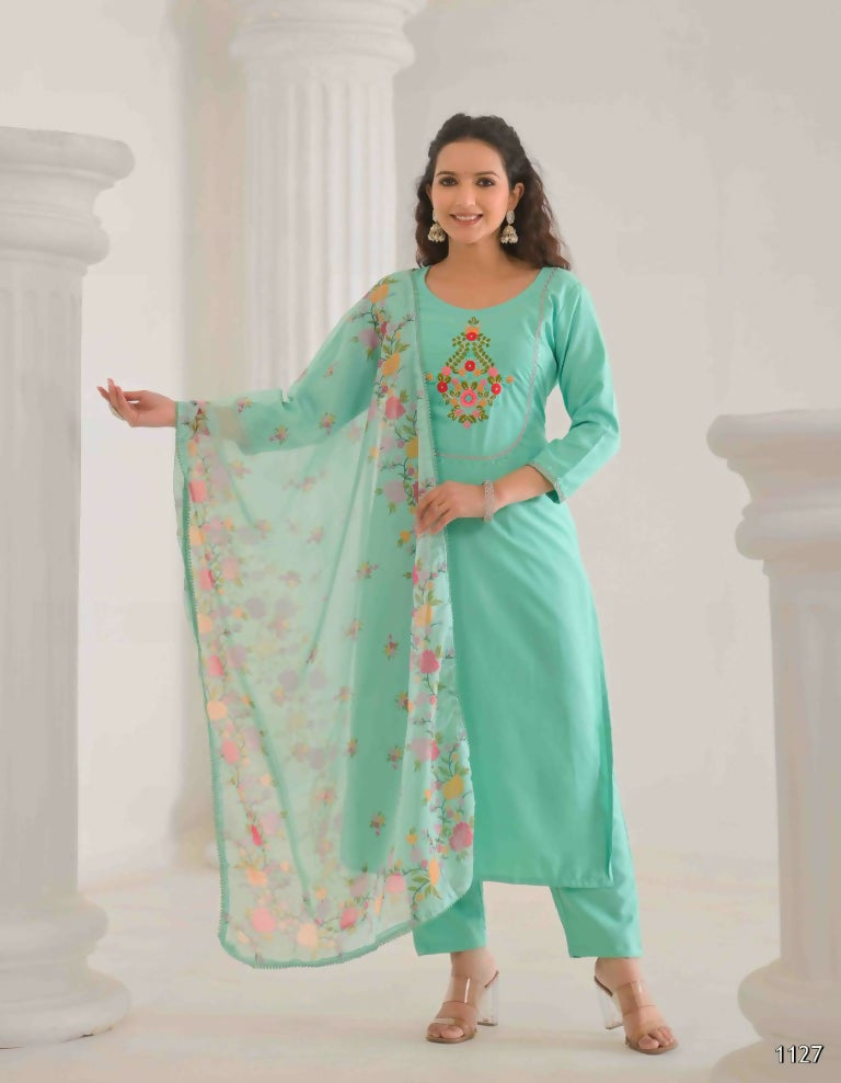 Ethnic Festive Wear Reyon Slub Tile Stitched Suit With Dupatta - Tanisha | Grocsy