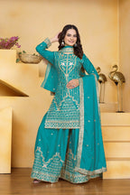 Teeya Creation Teal Color Natural Crepe Silk Wedding Wear Trending Palazzo Set | Grocsy