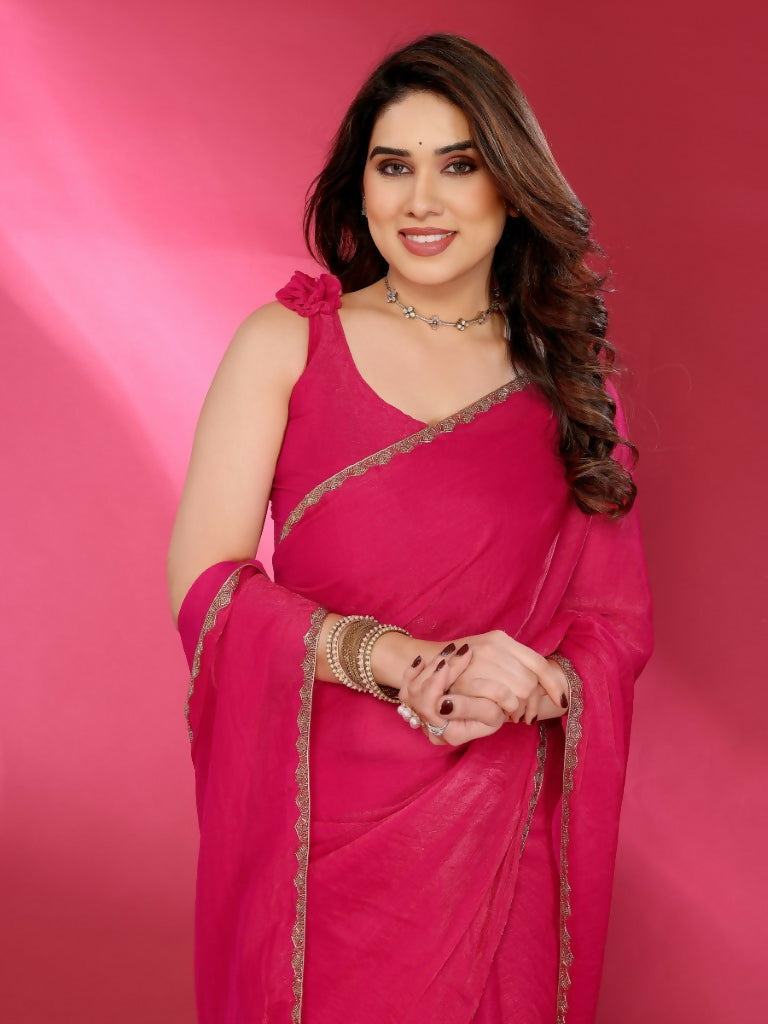 PR Fashion Pink Jimmy Choo Fabric Palin With Work Lace Saree | Grocsy