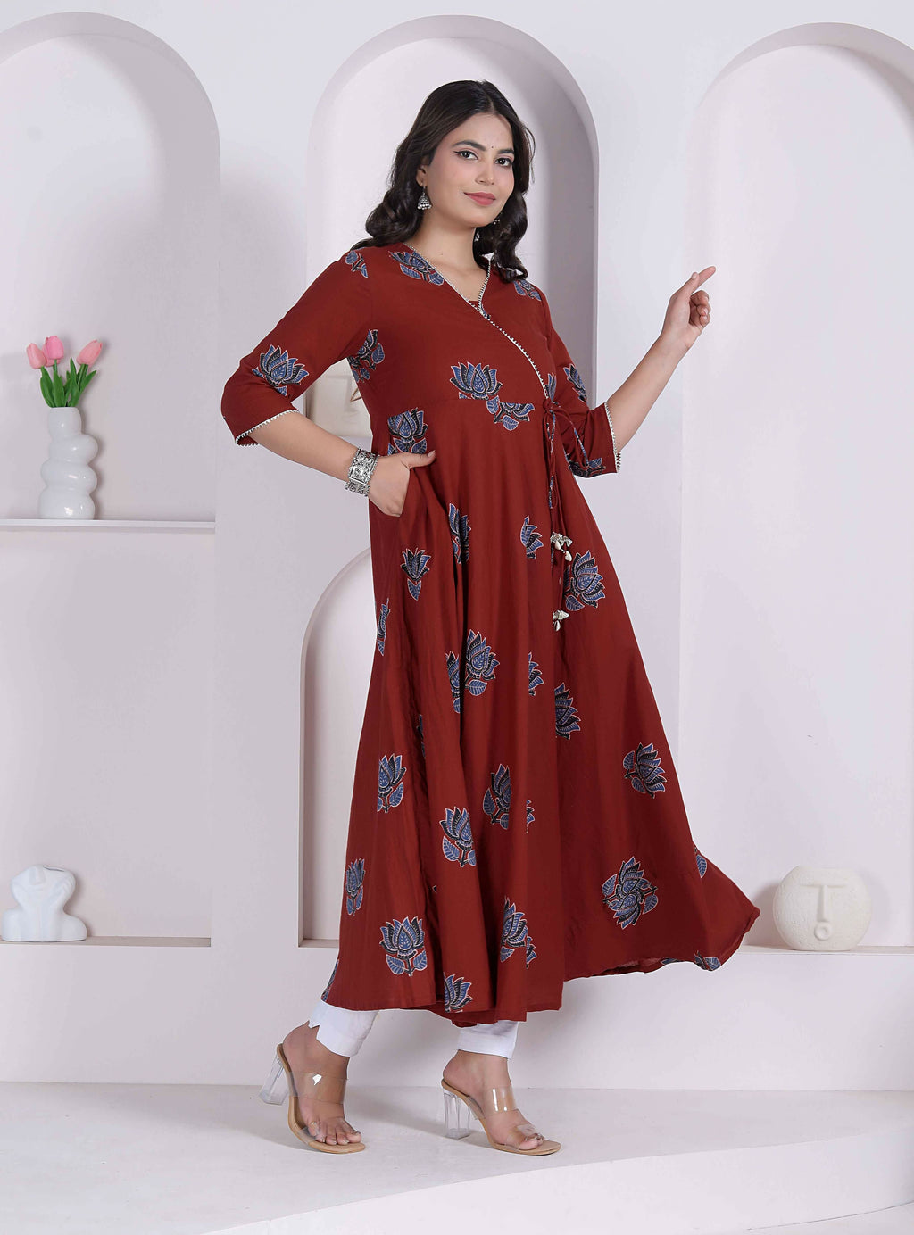 Miravan Womens Rust Floral Printed Pure Cotton Gota Patti Angrakha Kurta | Grocsy