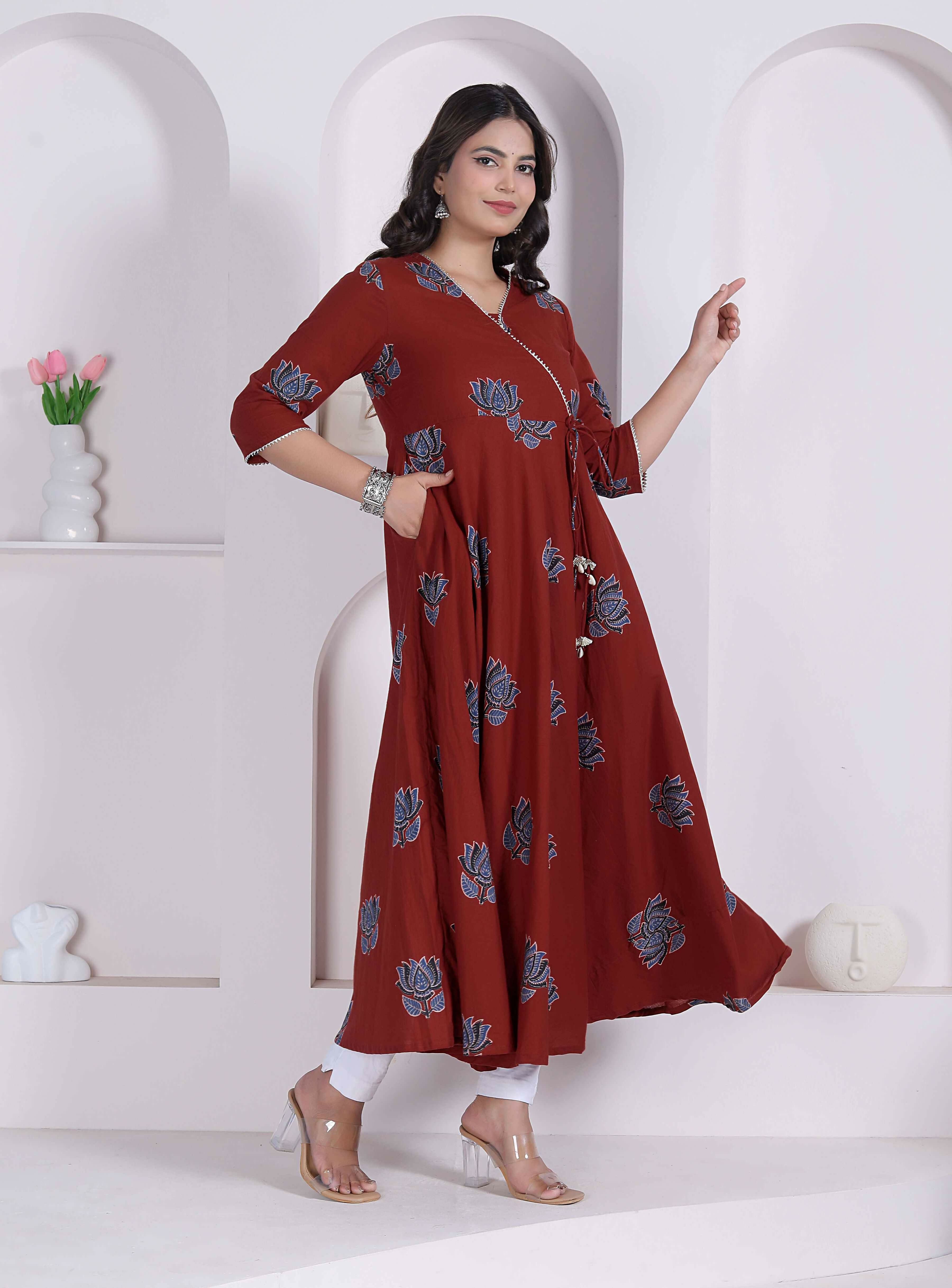 Miravan Womens Rust Floral Printed Pure Cotton Gota Patti Angrakha Kurta | Grocsy