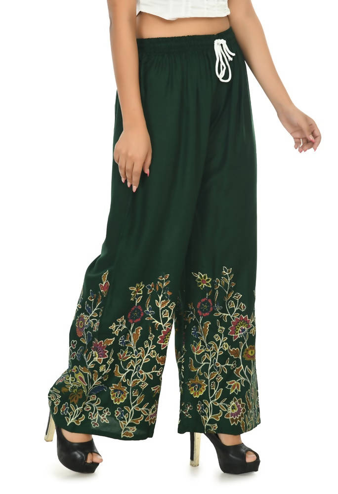Mominos Fashion Moeza Reyon Cotton Bottle Green Floral Palazzo | Grocsy