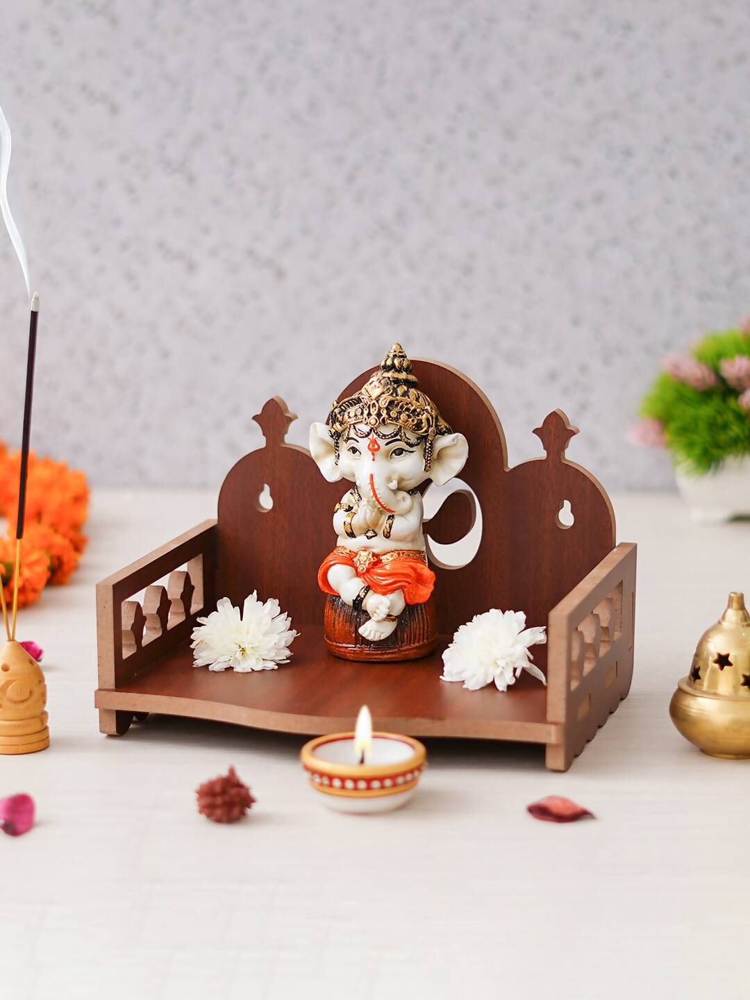 eCraftIndia Brown Om Symbol Decorative Wooden Pooja Temple | Grocsy