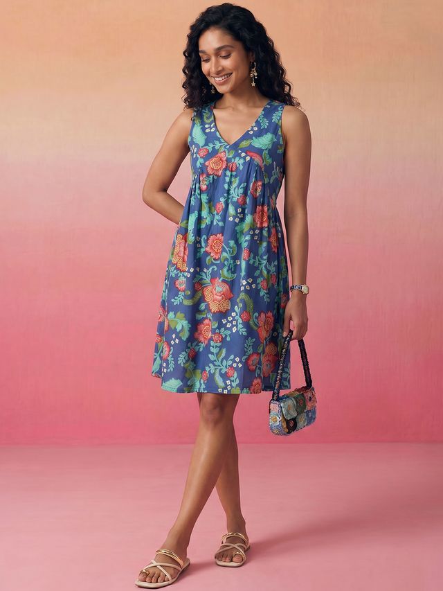 Janasya Blue A-Line Cotton Dress | Grocsy