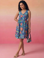 Janasya Blue A-Line Cotton Dress | Grocsy