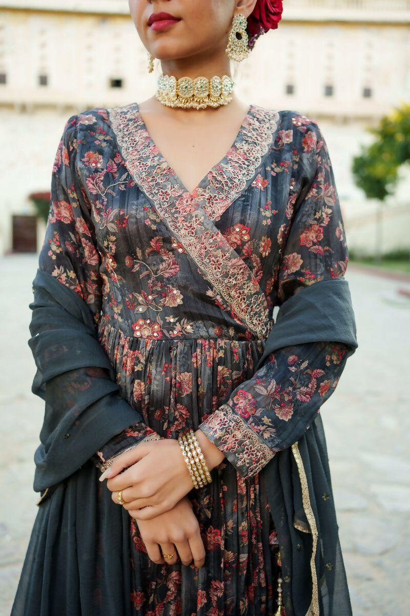 Vaasva Black Chinon Floral Embroidered Angrakha, Pant & Dupatta set | Grocsy