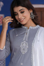 Yufta Kurta Women Grey & White Embroidered Kurta with Palazzo & Dupatta | Grocsy