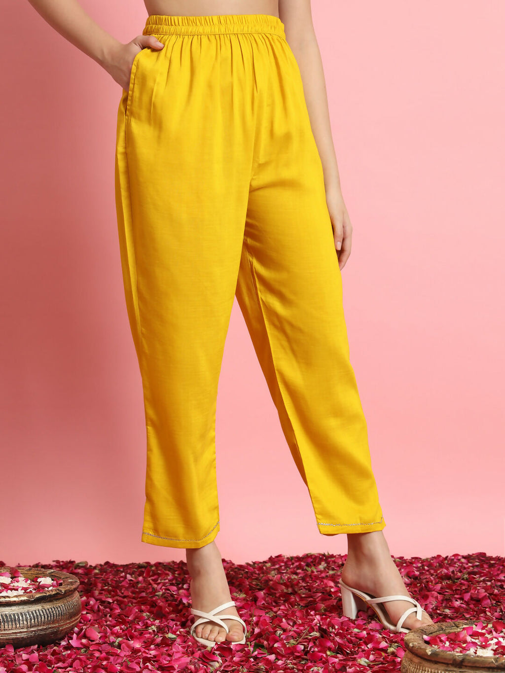 Vellora Sunshine Yellow Silk Blend Embroidered Casual Suit | Grocsy
