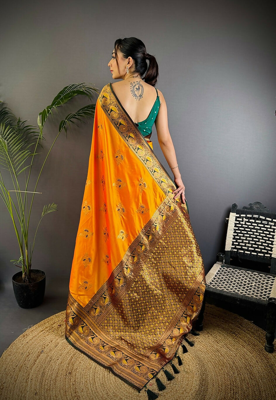 Joban Fashion Banarasi Orange Woven Soft Silk Saree | Grocsy