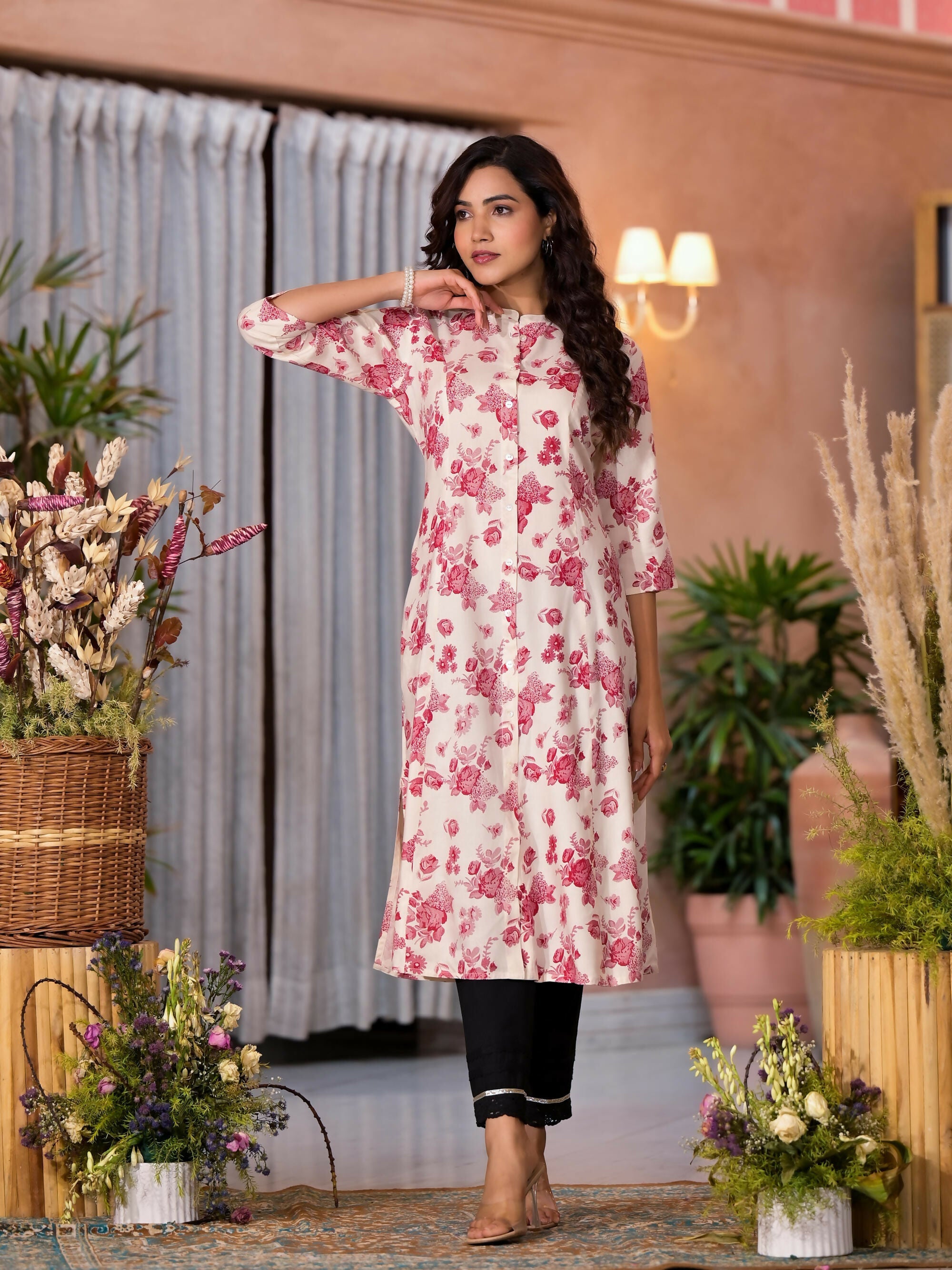 Juniper Women's Off White Floral Printed Liva Rayon Kurta With Button Closure | Grocsy