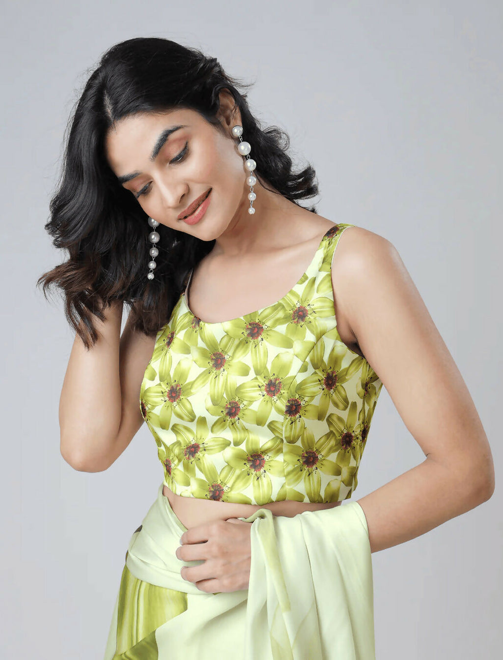 Vastranavya Mint Green Freehand Floral Print Ready to Wear Saree | Grocsy