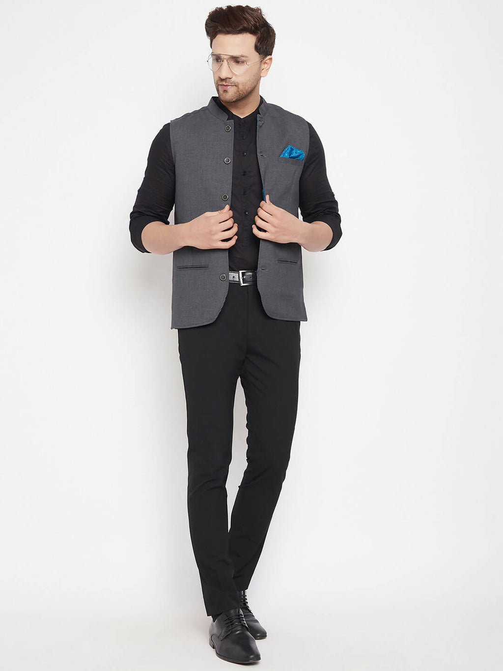 Even Apparels Grey Merino Men's Nehru Jacket-Contrast Lining-Free Pocket Square PW691 | Grocsy