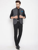 Even Apparels Grey Merino Men's Nehru Jacket-Contrast Lining-Free Pocket Square PW691 | Grocsy