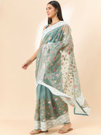 Blue Organza Floral Embroidered Saree with Unstitched Blouse Piece - Roozal | Grocsy