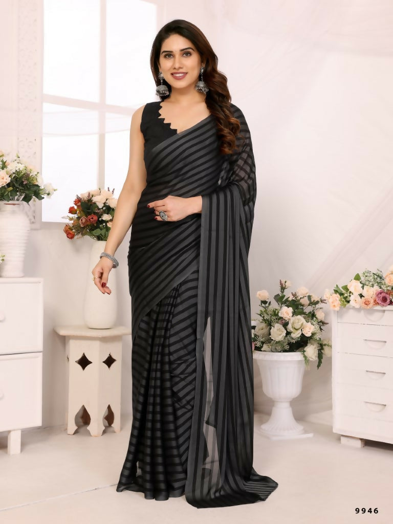 Designer Partywear Black & Grey Georgette Fancy Saree - Satrangi | Grocsy
