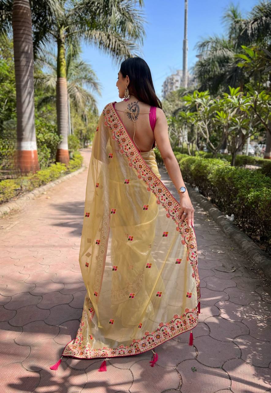 Teeya Creation Lemon Yellow Color Twill Net Designer Embroidery Work Saree | Grocsy