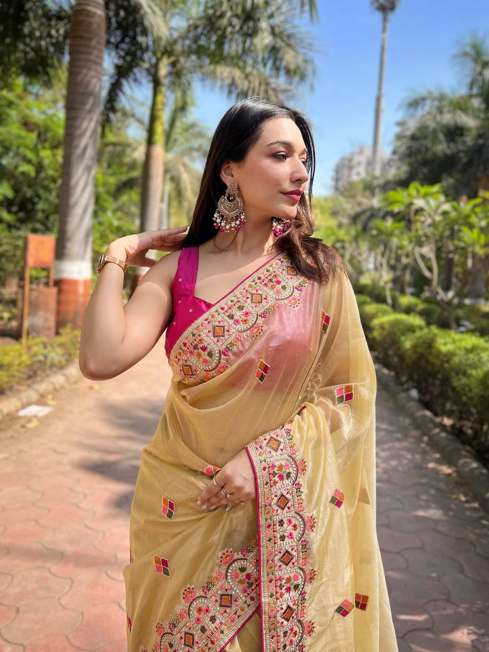 Teeya Creation Lemon Yellow Color Twill Net Designer Embroidery Work Saree | Grocsy