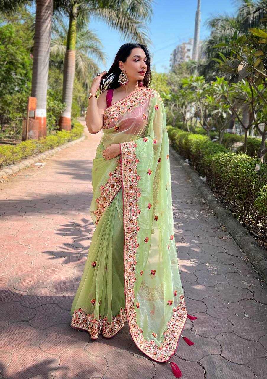 Teeya Creation Parrot Color Twill Net Designer Embroidery Work Saree | Grocsy