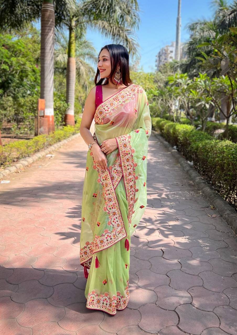 Teeya Creation Parrot Color Twill Net Designer Embroidery Work Saree | Grocsy
