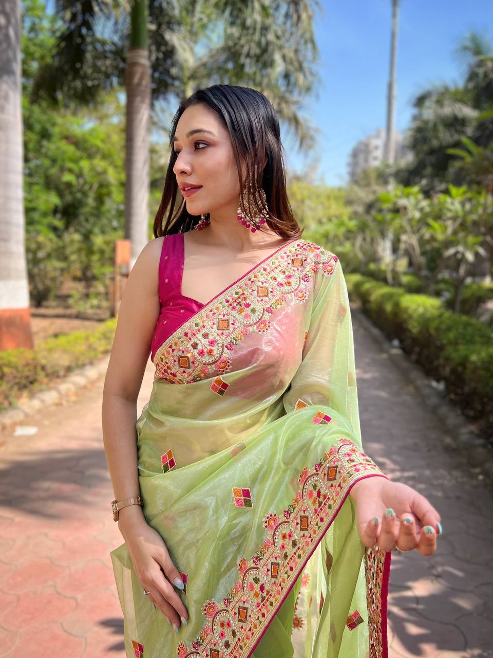 Teeya Creation Parrot Color Twill Net Designer Embroidery Work Saree | Grocsy