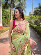 Teeya Creation Parrot Color Twill Net Designer Embroidery Work Saree | Grocsy