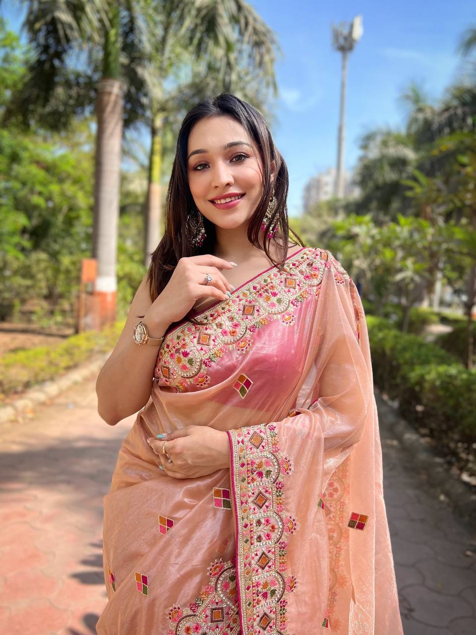 Teeya Creation Peach Color Twill Net Designer Embroidery Work Saree | Grocsy