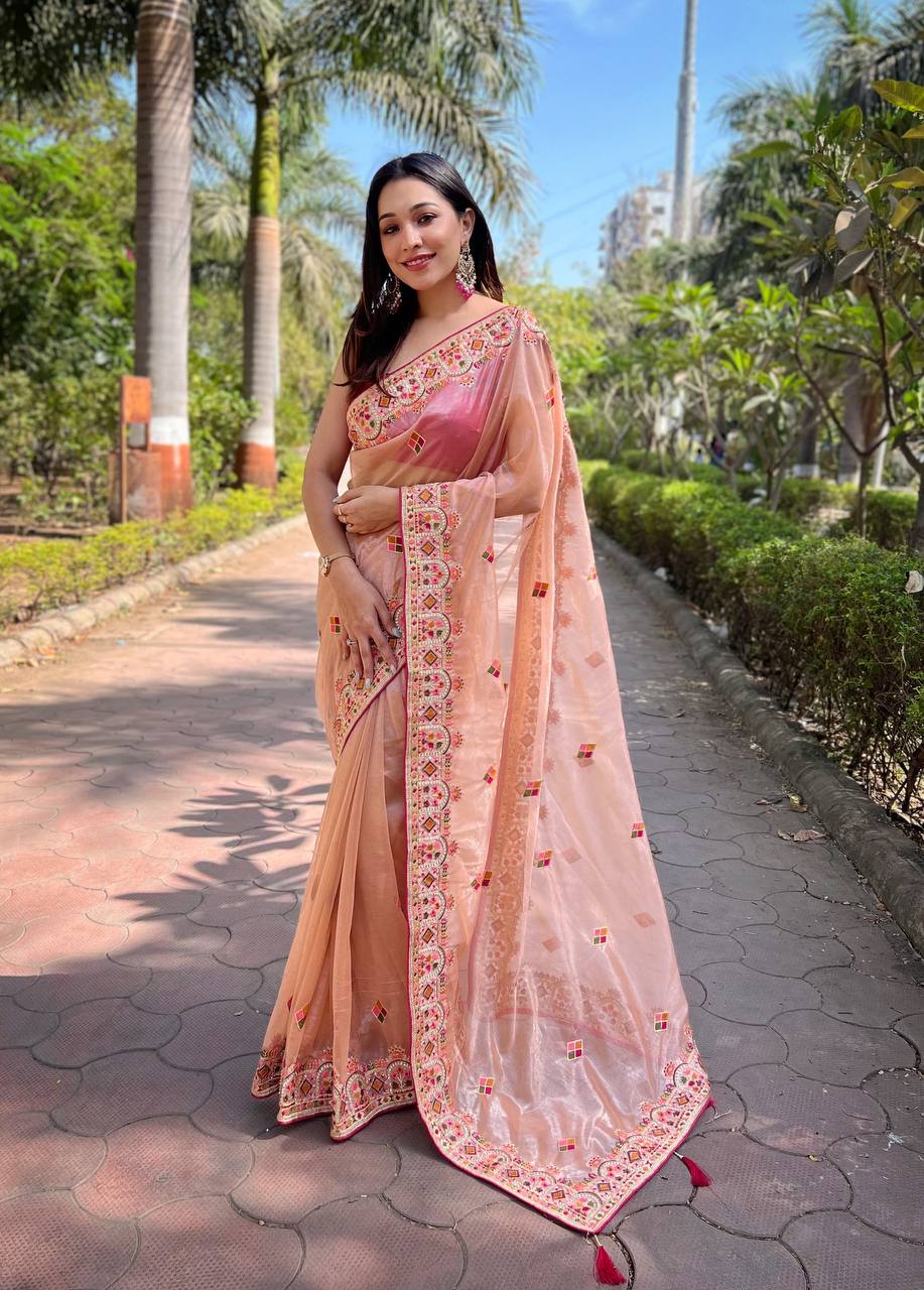Teeya Creation Peach Color Twill Net Designer Embroidery Work Saree | Grocsy