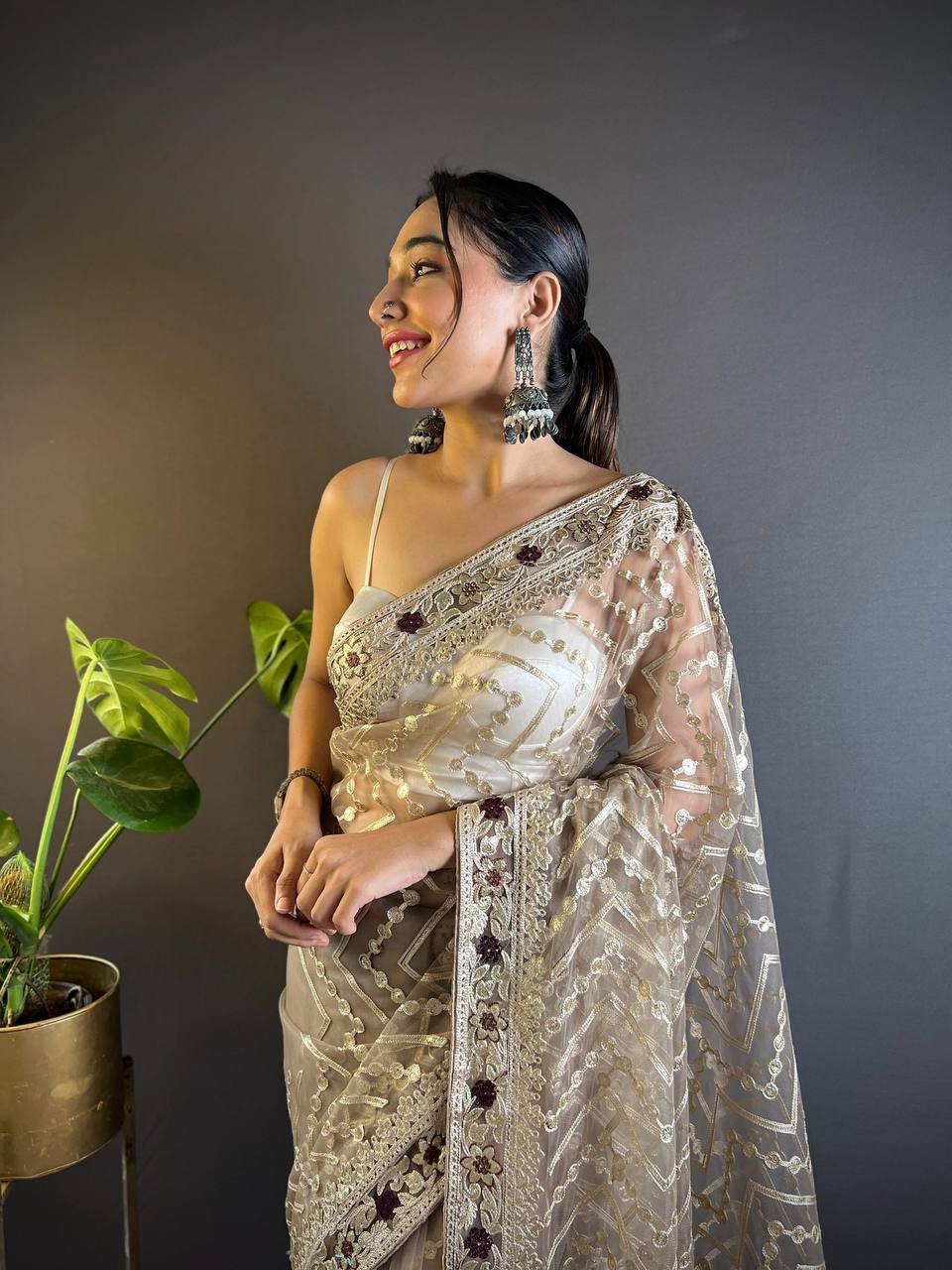 Teeya Creation Chiku Color Butterfly Net Embroidery Work Saree | Grocsy