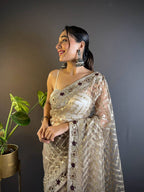 Teeya Creation Chiku Color Butterfly Net Embroidery Work Saree | Grocsy
